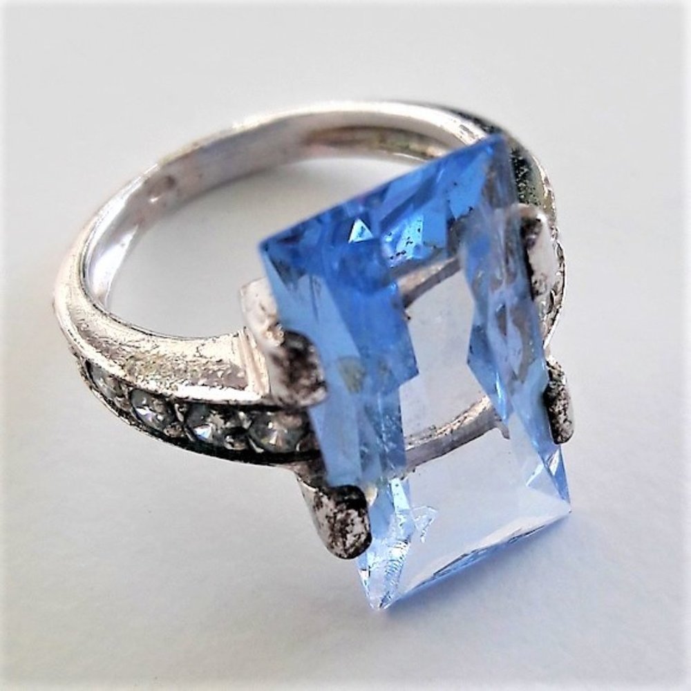 Vintage Sterling Silver Ring, Blue Topaz, Zircon